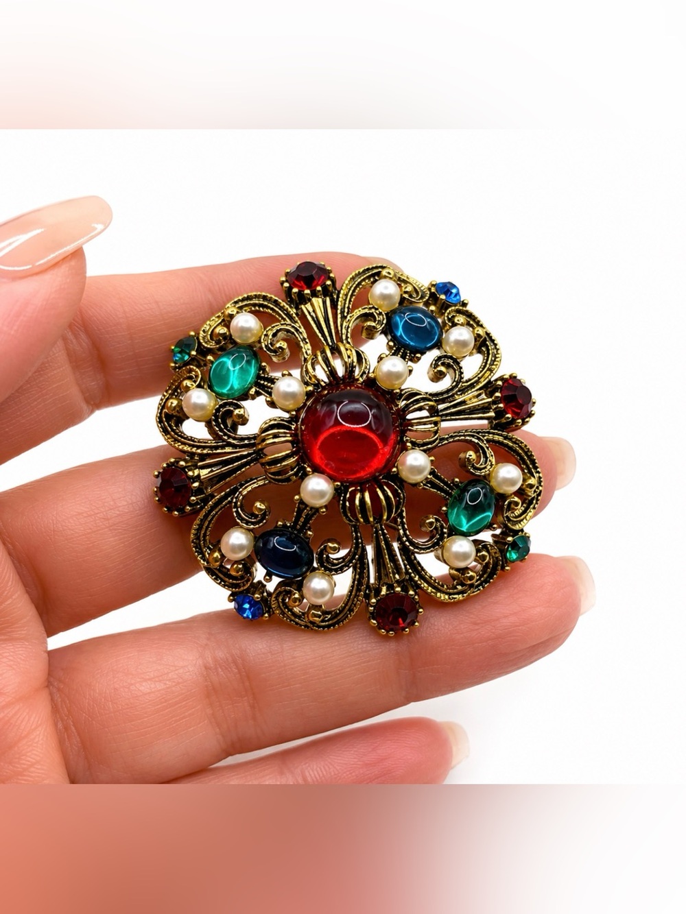 Gripoix Mogul Style Gold Tone Faux Pearl Glass Rhinestone Pin Brooch Vintage